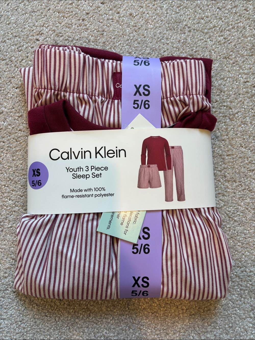 Calvin Klein Kids 3-Piece Pajama Set - Maroon and Cream Stripes